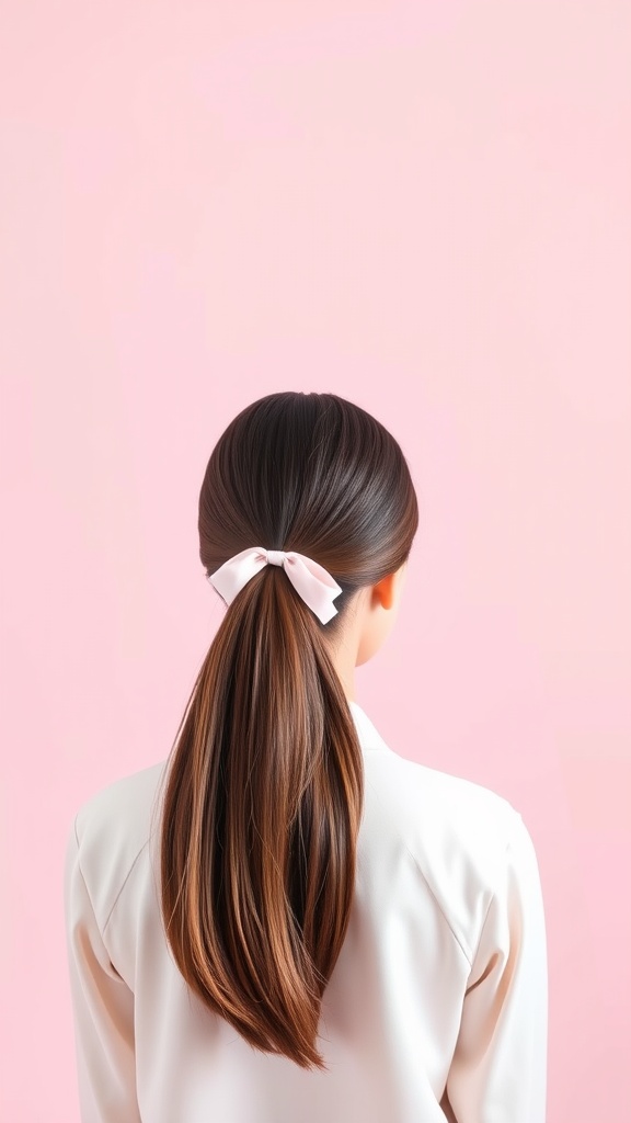 A woman with sleek, shiny hair styled in a low ponytail with a ribbon, against a pink background.