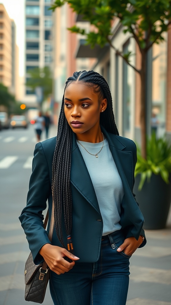 A confident person walking in a city, showcasing long, straight cornrow braids while wearing a stylish outfit.
