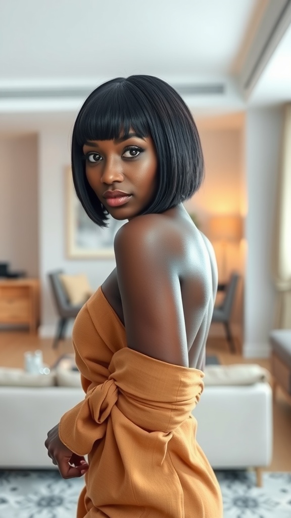 A woman with a sleek and straight lob hairstyle, wearing a brown outfit, looking back over her shoulder.