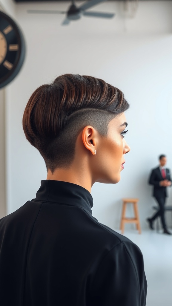 A model with a sleek backed short haircut, showcasing a polished and stylish look.