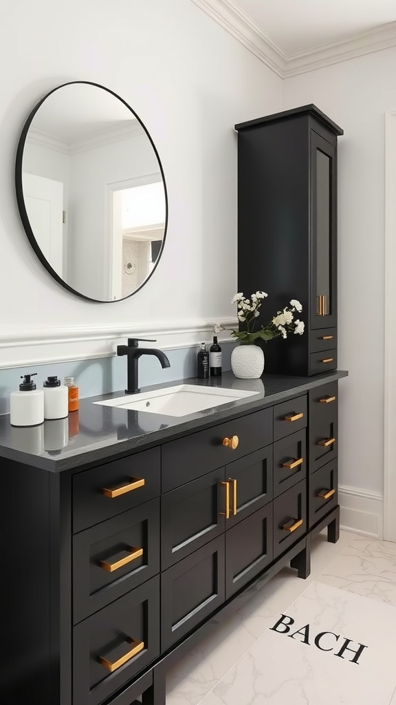 A stylish black vanity unit with gold accents in a modern bathroom setting