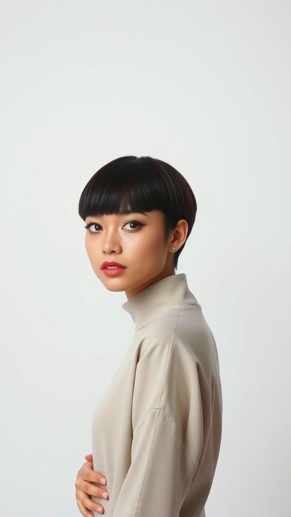 A woman with a sleek blunt cut hairstyle, wearing a turtleneck.
