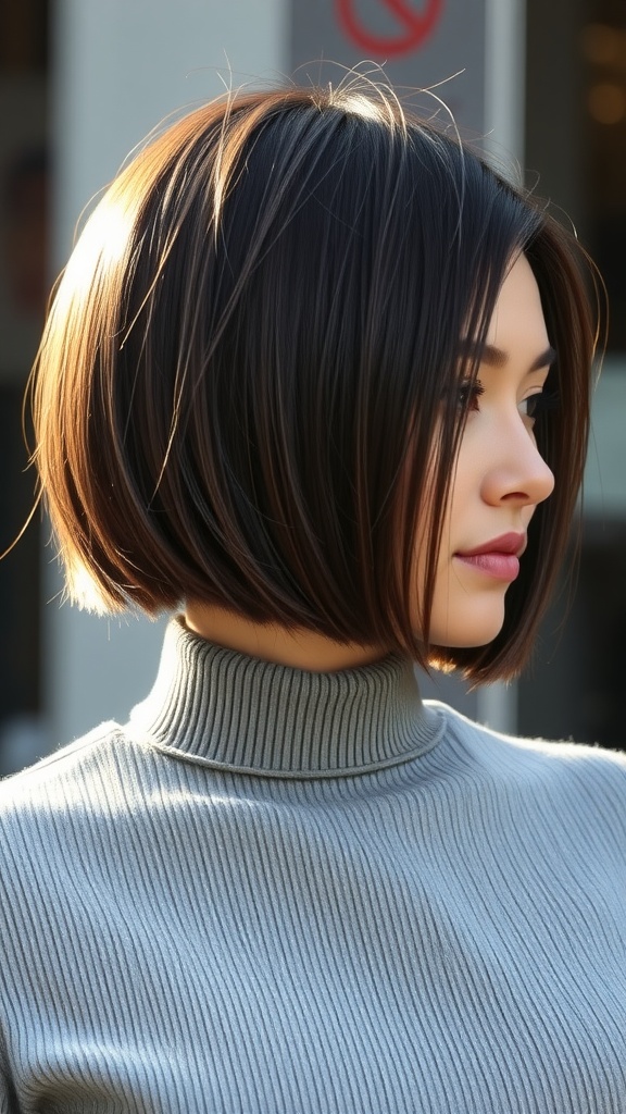 A woman with a sleek blunt layered bob hairstyle, wearing a grey turtleneck.