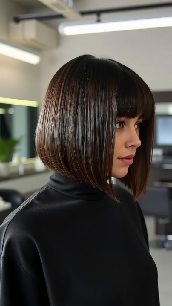 A woman with a sleek bob hairstyle, featuring a glossy finish, standing in a modern salon.