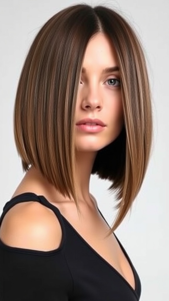 A sleek bob hairstyle with a side part, featuring shiny, straight hair framing the face.