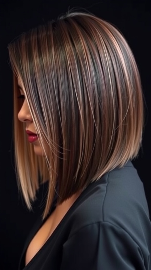 A sleek bob hairstyle with a side part, featuring shiny strands and modern styling.