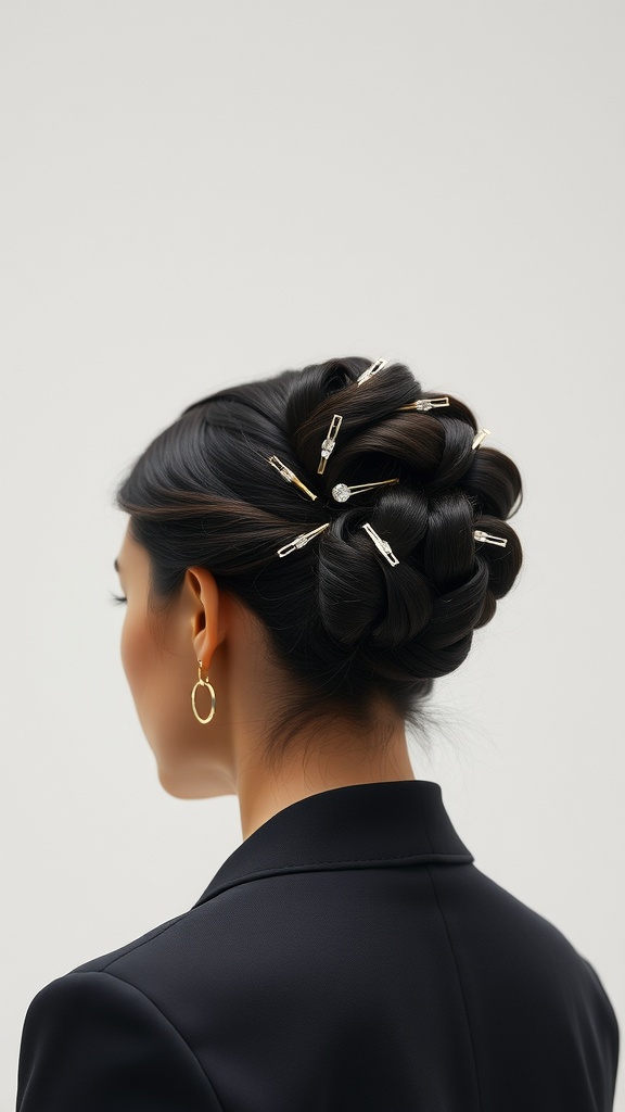 Sleek curly bun hairstyle with decorative hairpins, showcasing a sophisticated look.
