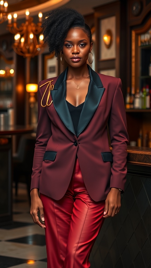 Black woman in a maroon evening blazer with satin lapels, wearing red pants and hoop earrings.