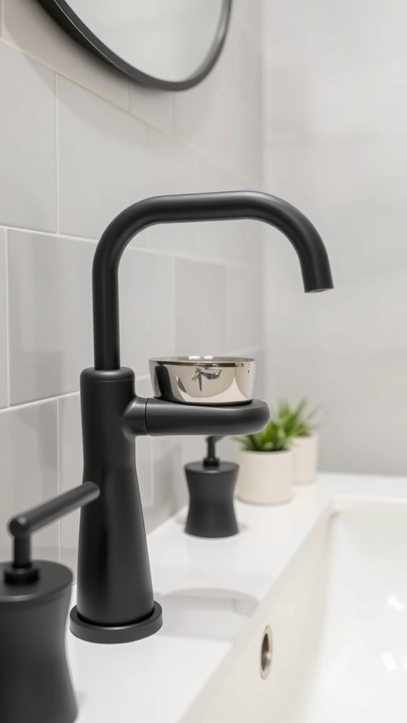 A modern black faucet and matching accessories in a white bathroom.
