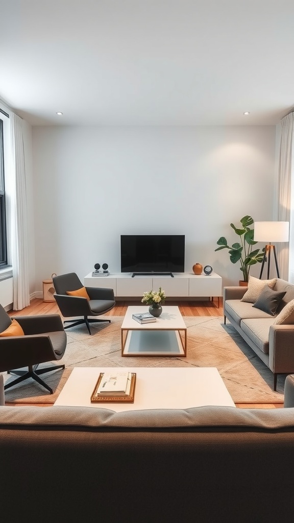 A modern living room featuring a minimalist furniture arrangement with a sofa, armchairs, a coffee table, and a TV.