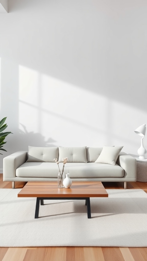 A cozy minimalist living room featuring a light gray sofa, wooden coffee table, and decorative vases.