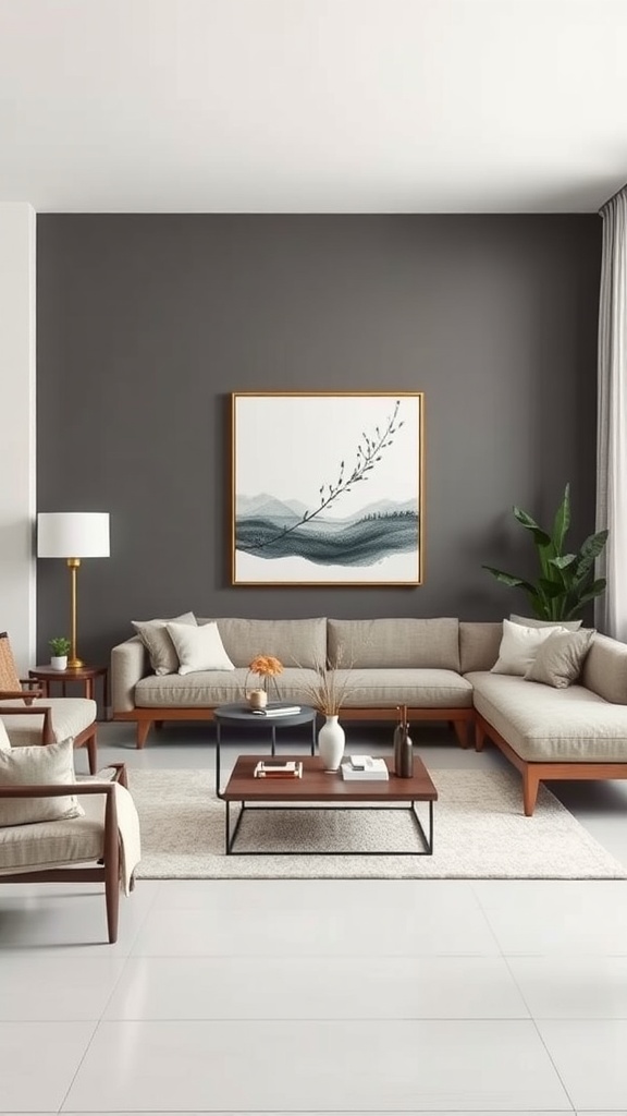 A contemporary living room with a light sofa, dark walls, and stylish furniture.