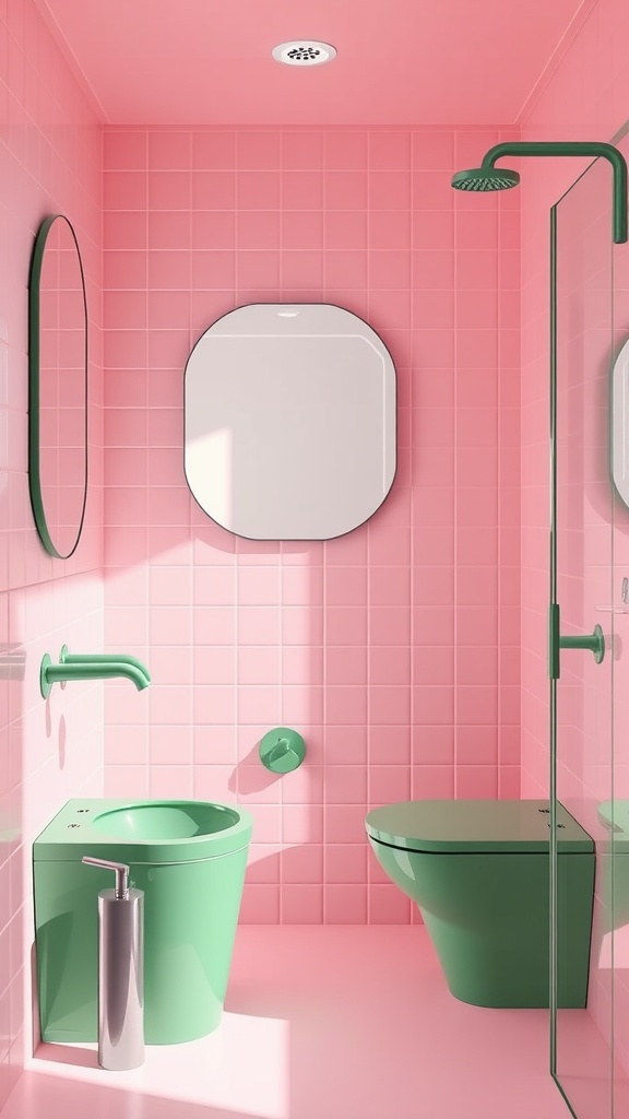 A pink bathroom featuring sleek green fixtures including a toilet, sink, and showerhead.