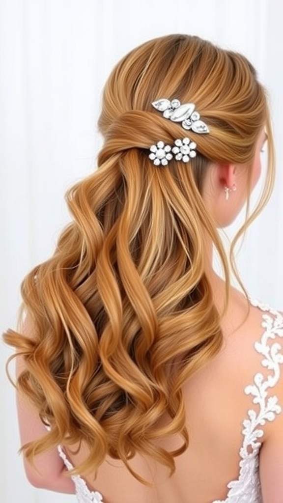 Sleek half-up wedding hairstyle with waves and decorative hair pins.
