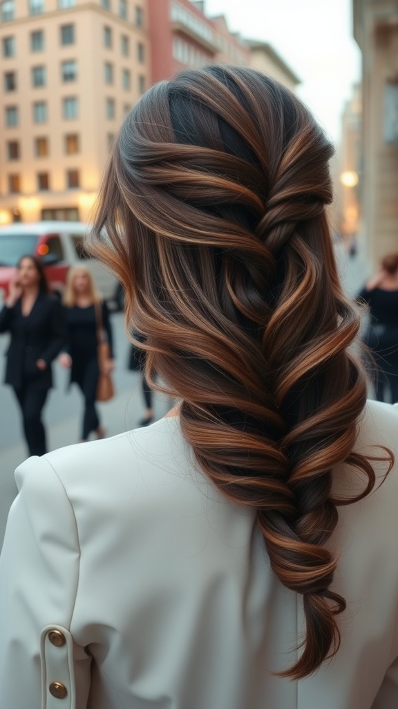 A person with a sleek half braid and soft waves, showcasing a modern hairstyle.