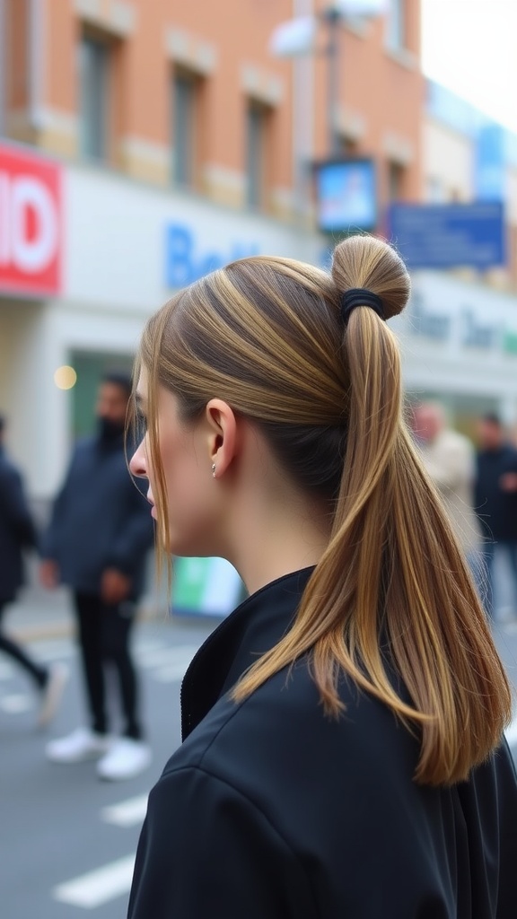 A young woman with a sleek half ponytail hairstyle walking in a city street.
