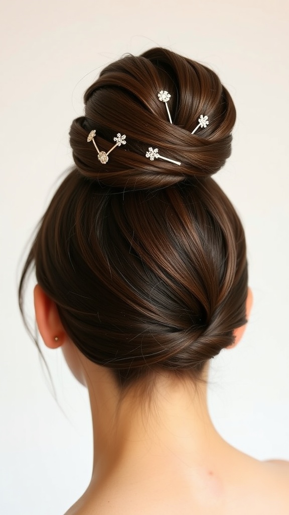 A sleek high bun hairstyle adorned with decorative hair pins.