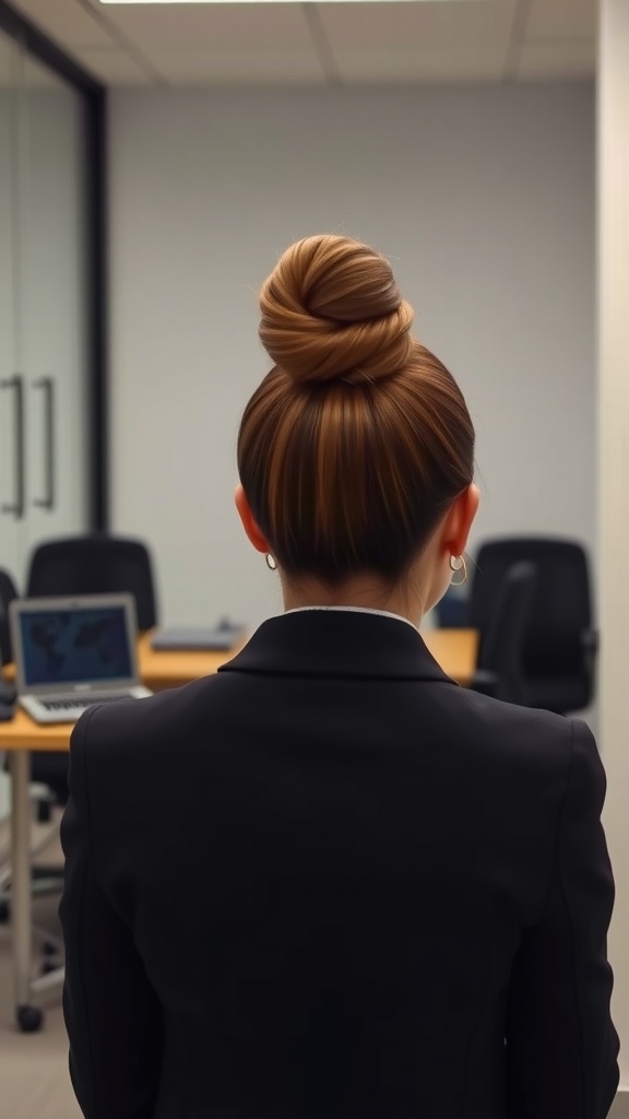 A woman with a sleek high bun hairstyle, dressed in a black suit, viewed from the back in an office setting.