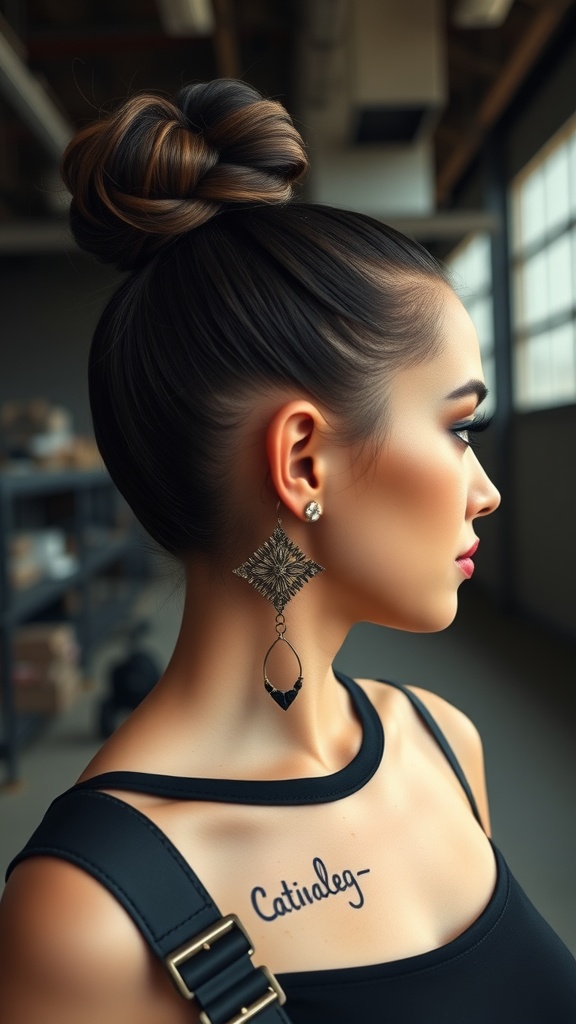 A stylish woman with a sleek high bun and bold earrings, showcasing a blend of chic and grunge.