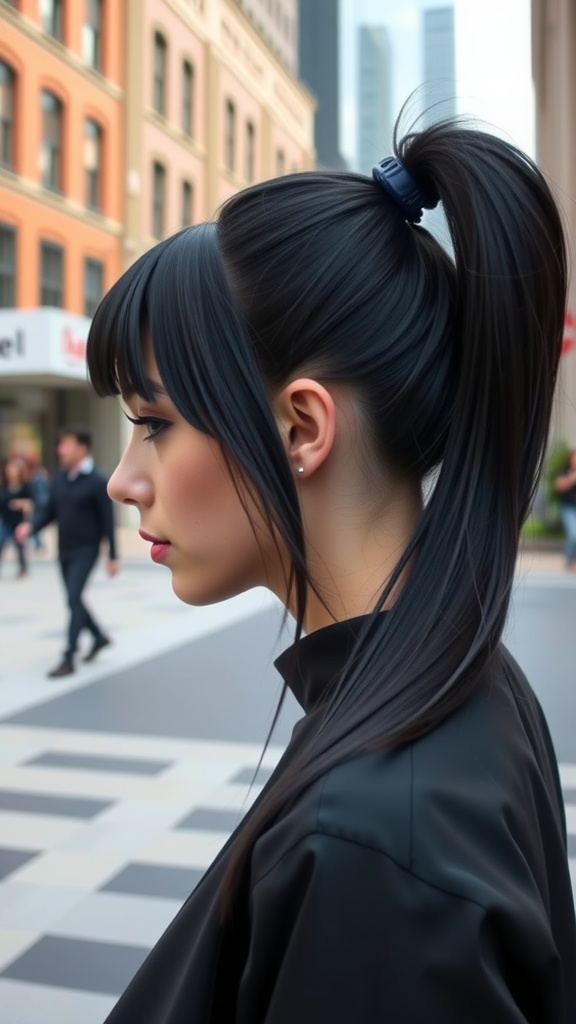 Profile view of a woman with a sleek high ponytail and bangs, standing in an urban setting.