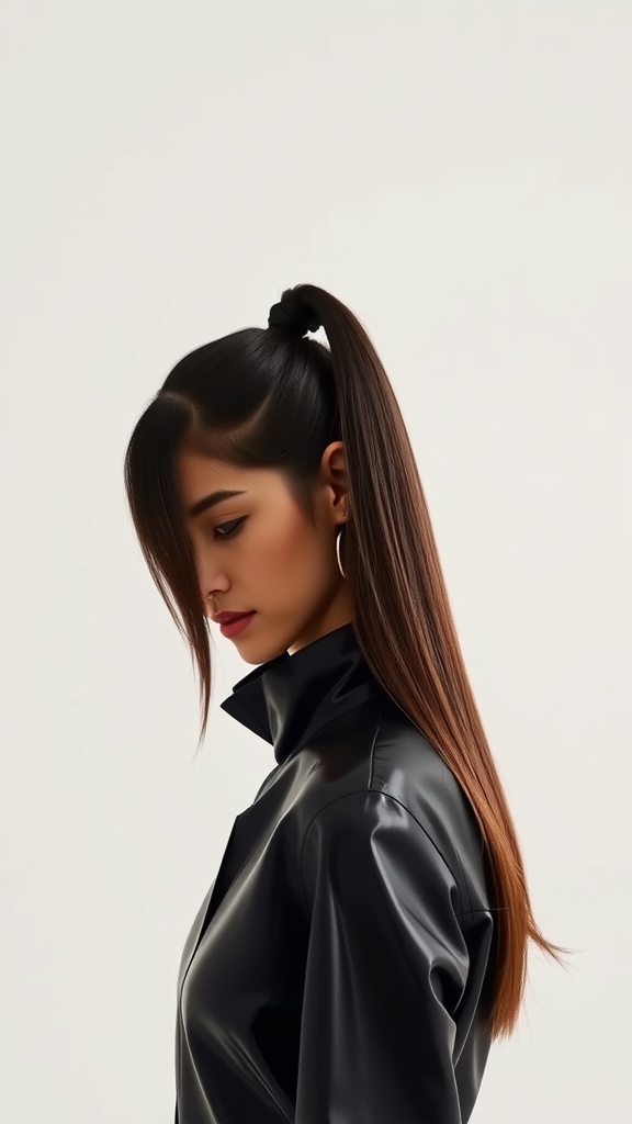 A woman with a sleek high ponytail, wearing a black outfit, showcasing a modern hairstyle.