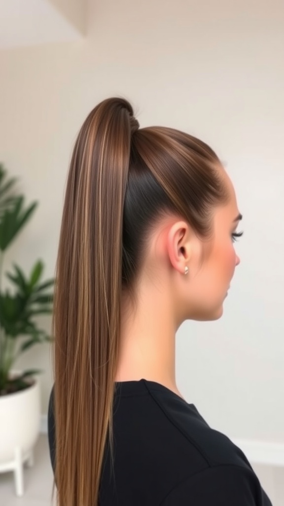 A sleek high ponytail hairstyle with a side part, showing smooth, straight hair.