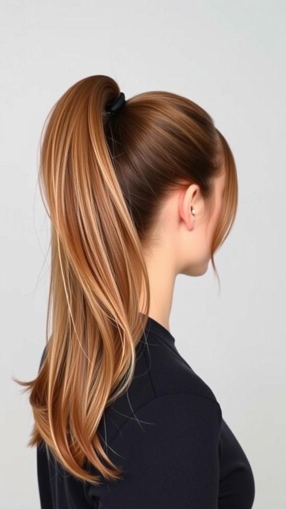 A sleek high ponytail hairstyle with added volume, showcasing smooth and flowing hair.