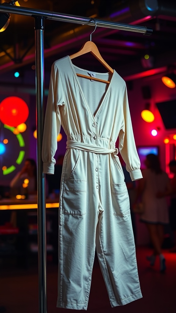 A stylish cream jumpsuit displayed on a hanger in a vibrant nightclub.