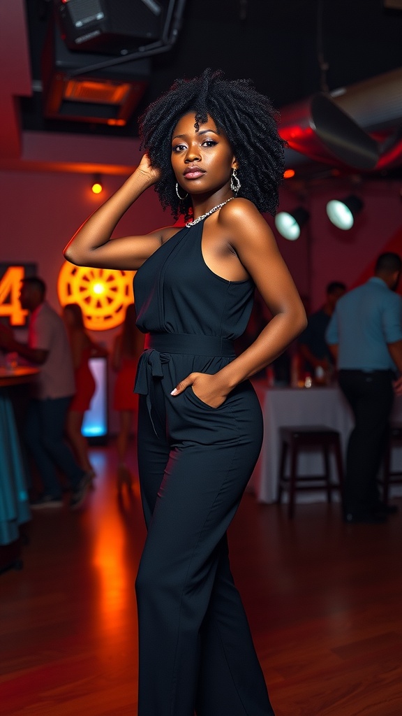 A woman wearing a black jumpsuit striking a pose in a vibrant club setting.
