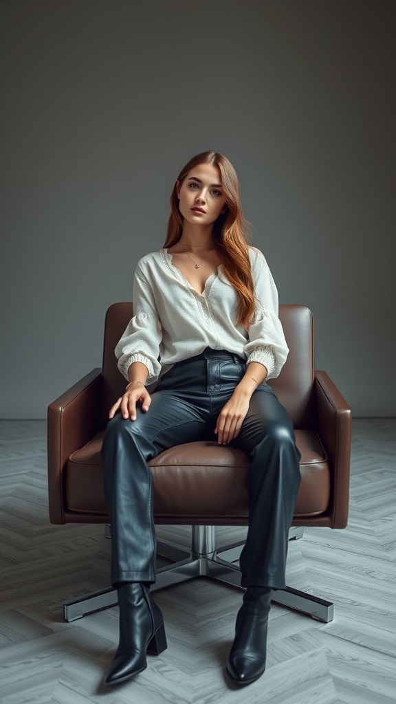 Woman in sleek leather pants and a feminine white top sitting on a chair.