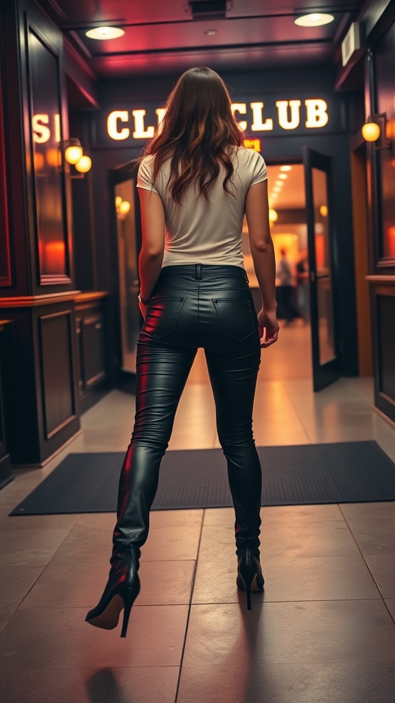 A woman wearing sleek leather pants and heeled ankle boots, walking towards a club entrance.