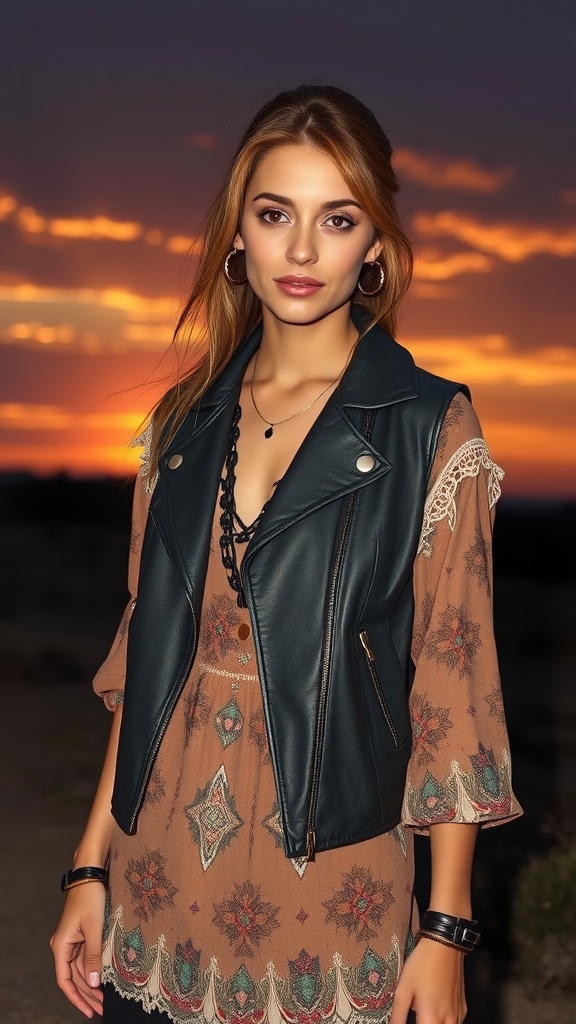 A woman in a stylish black leather vest, layered over a patterned dress, set against a sunset backdrop.