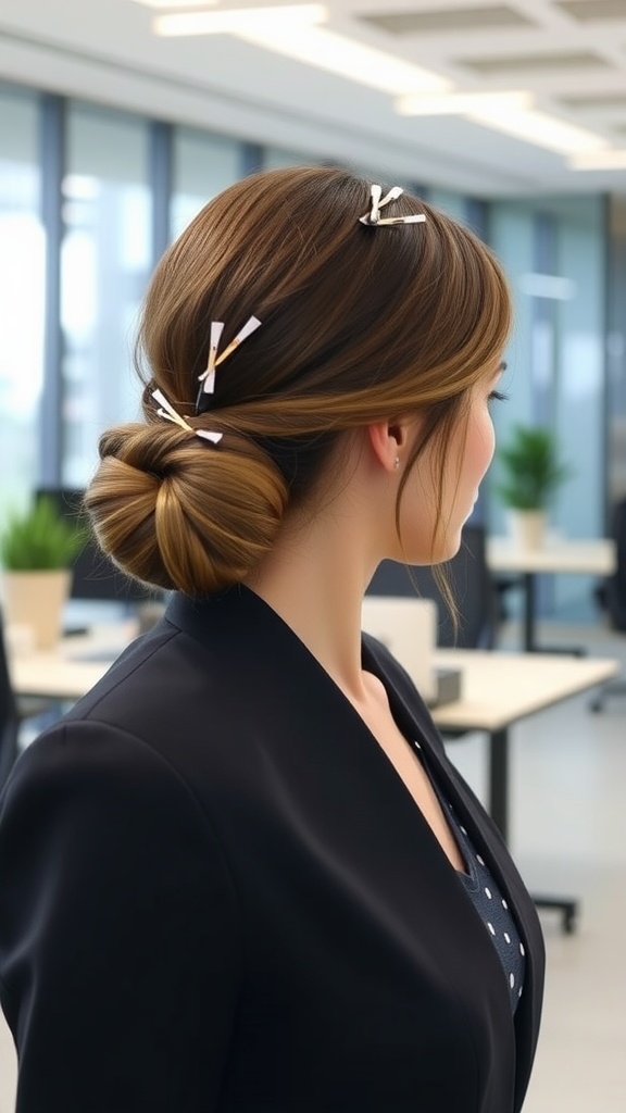 A woman with a sleek low bun and decorative hairpins, dressed in professional attire, in an office setting.