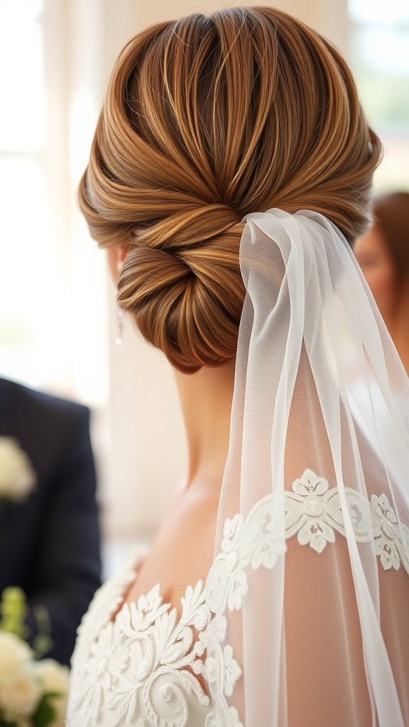 A sleek low bun with a veil on a bride's head.