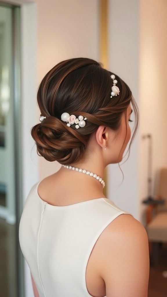 A bride with a sleek low bun hairstyle, adorned with pearls and flowers, showcasing elegance and simplicity.