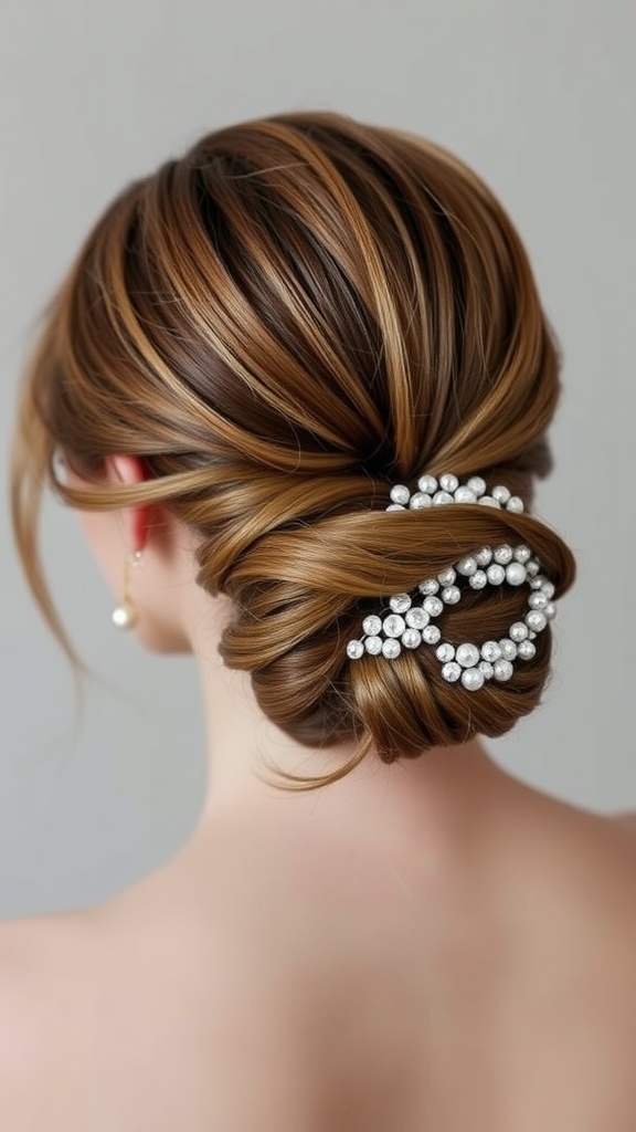A sleek low bun hairstyle adorned with hair pearls, showcasing shiny, smooth hair.