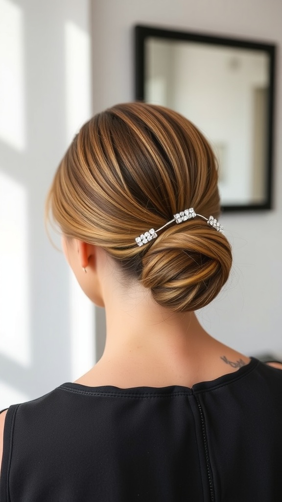 A sleek low bun hairstyle adorned with crystal hairpins, seen from the back.