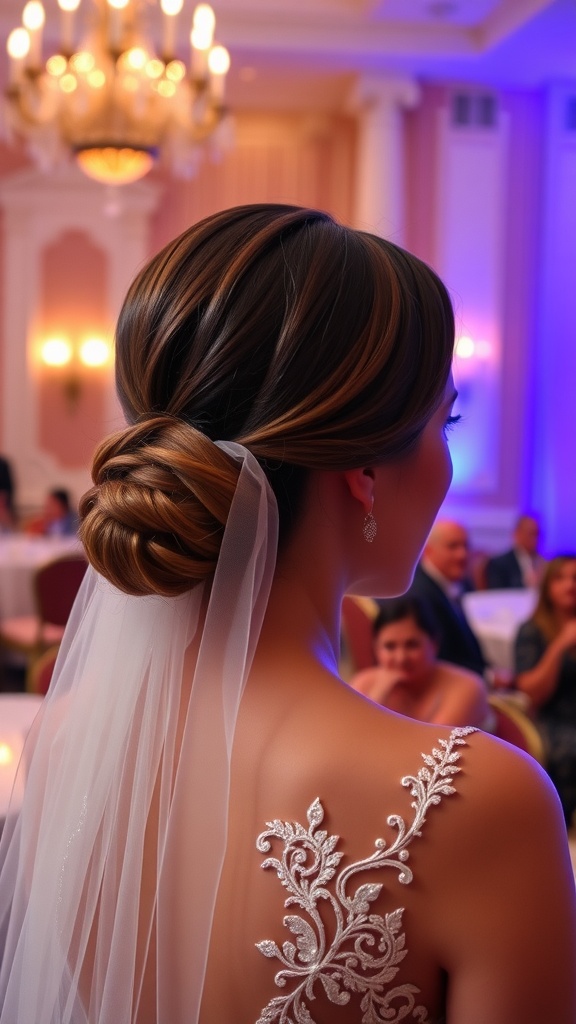 A bride with a sleek low bun and a structured veil, showcasing her elegant hairstyle and detailed dress.