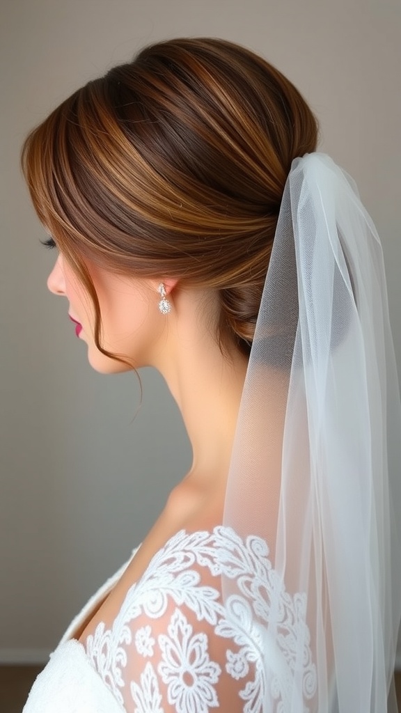 A bride with a sleek low bun hairstyle, adorned with a veil and delicate earrings.
