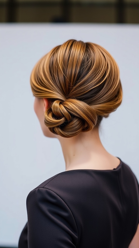 A woman with a sleek low chignon hairstyle, featuring warm-toned hair styled elegantly at the nape of her neck.