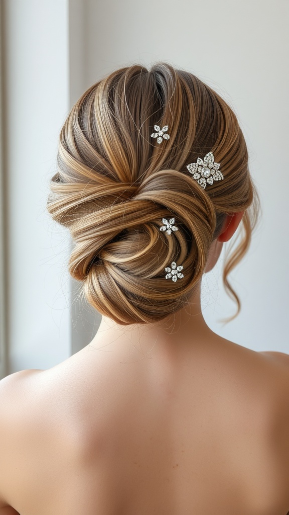 A sleek low chignon hairstyle adorned with sparkling hairpins