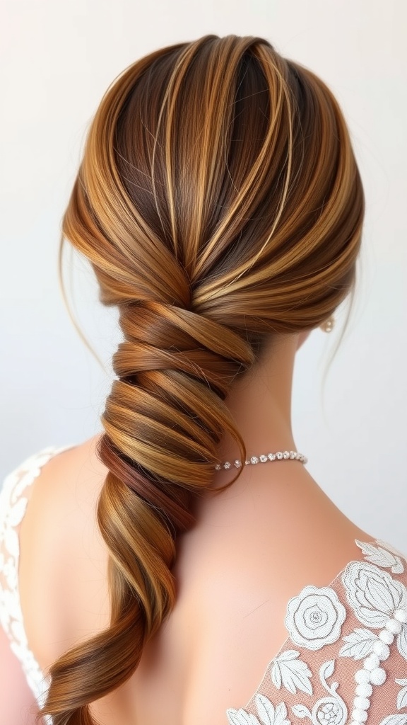 A beautifully styled sleek low ponytail with soft waves and highlights, perfect for a wedding hairstyle.