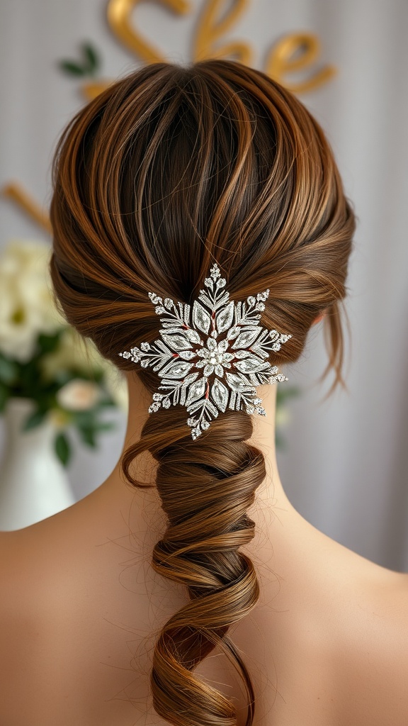 A sleek low ponytail hairstyle adorned with a decorative comb featuring intricate design.