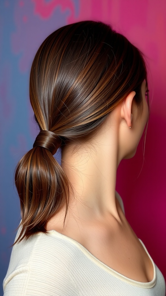 A sleek low ponytail hairstyle with a deep side part, showcasing shiny, well-styled hair.