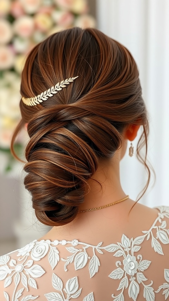 Sleek low ponytail hairstyle with a gold hair wrap, showcasing elegance for wedding styling.