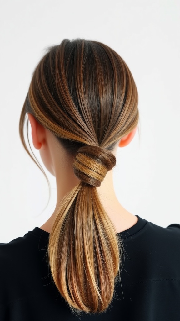 A woman with a sleek low ponytail wrapped with hair, showcasing a polished hairstyle.
