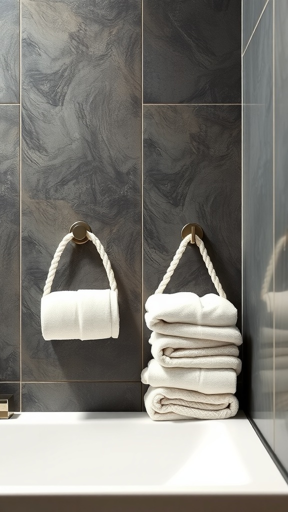 Sleek metal towel hooks with white towels in a modern bathroom setting