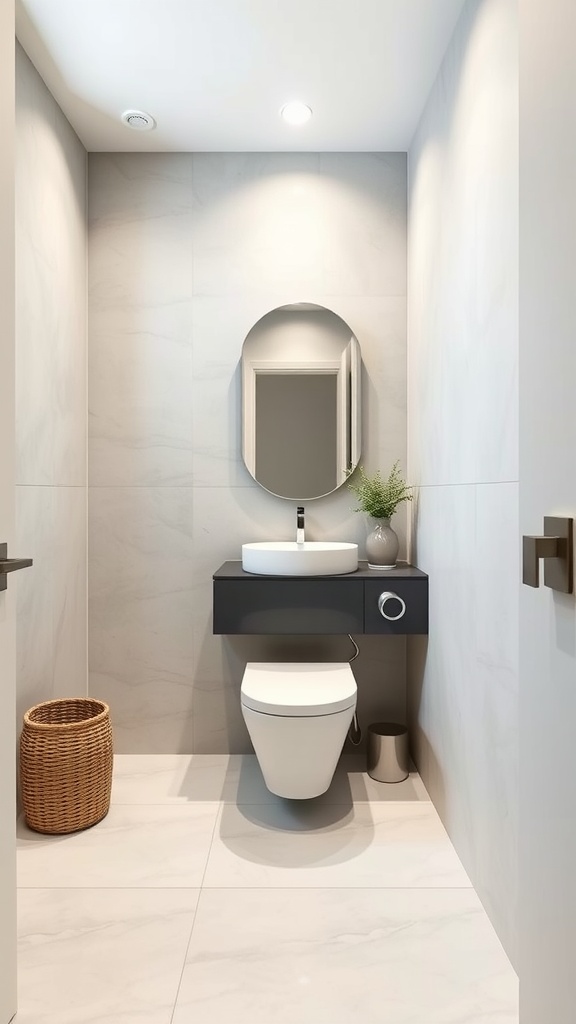 A sleek minimalist guest bathroom featuring a floating vanity, round mirror, and soft gray tiles.