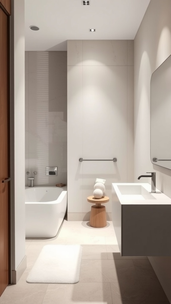 A minimalist guest bathroom featuring a modern bathtub, sleek sink, and neutral color palette.