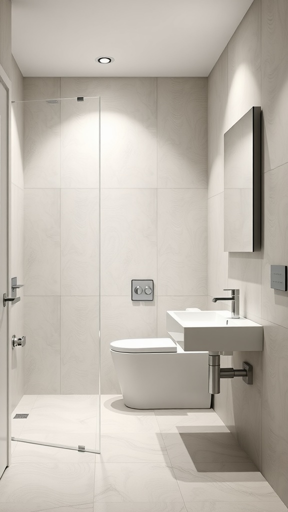 A sleek and modern half bathroom featuring a glass shower door, wall-mounted sink, and neutral-toned tiles.